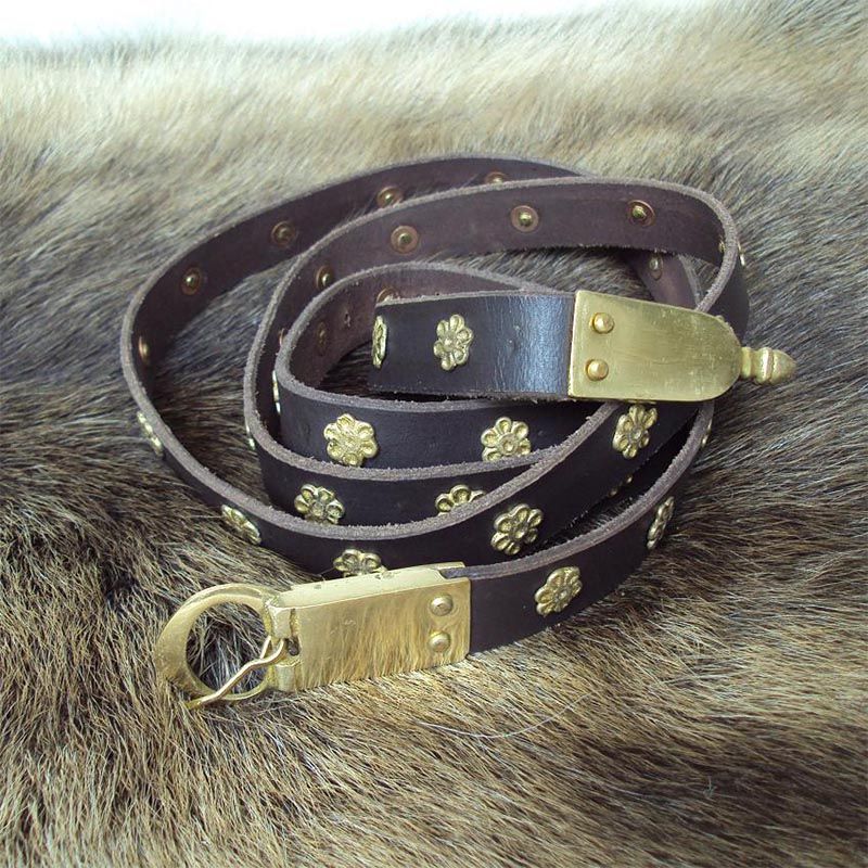 Brown Leather Medieval Long Belt With Brass Riveted Floral Rosettes